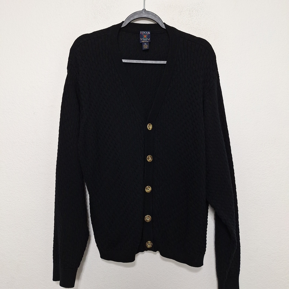 Focus Men's Golf Black Preppy Old Money Button Front Knit Cardigan Sweater- XL